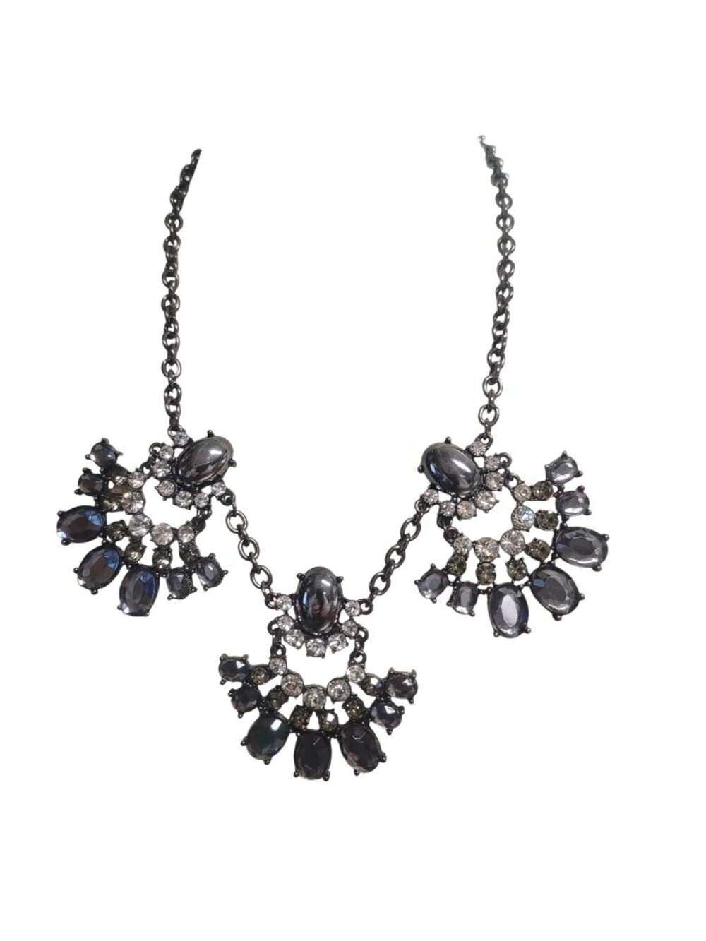 Statement Bib Necklace With Black & Clear Rhinestones On Gunmetal tone Chain